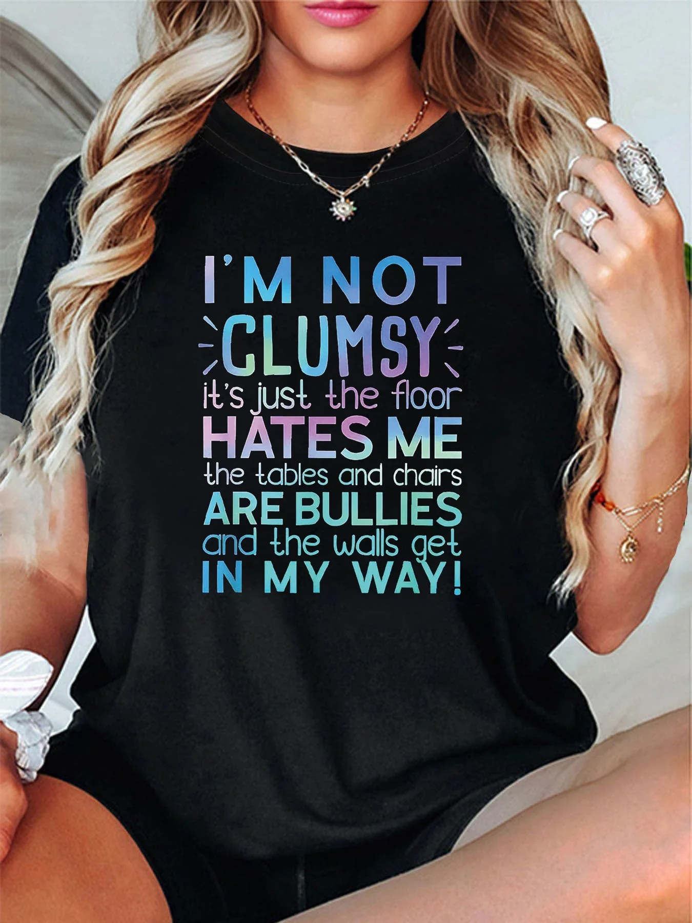 Women's T-shirt Short Sleeve I’M NOT CLUMSY It’s just the floor HATES ME Letter  Crew Casual Top For Summer  Spring