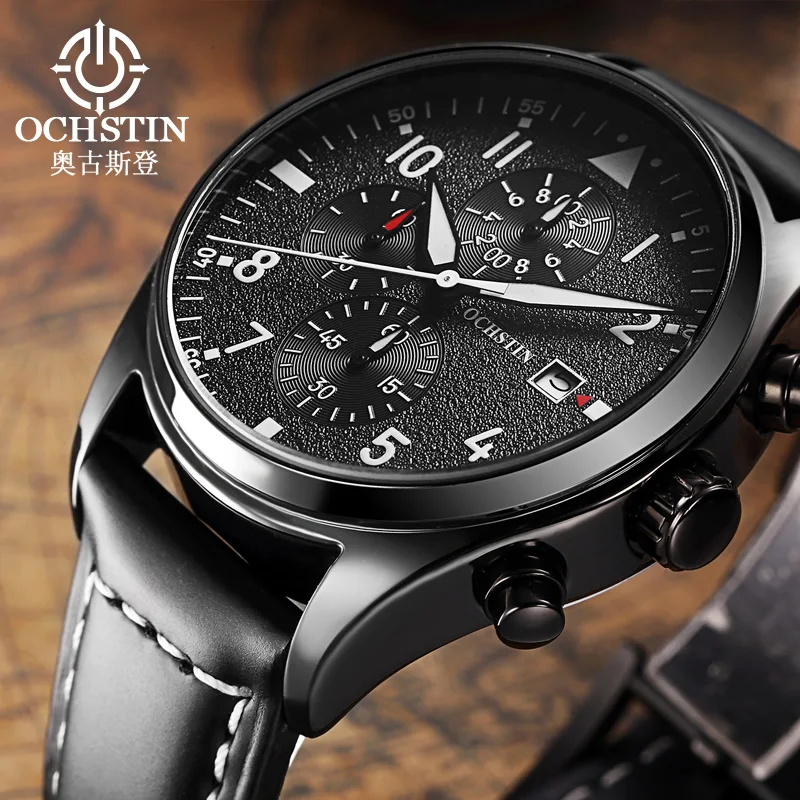OCHSTIN Genuine Leather Strap Wristwatch Man Mineral Hardened Glass Quartz Movement Watches Men's Waterproof Luxury Watch