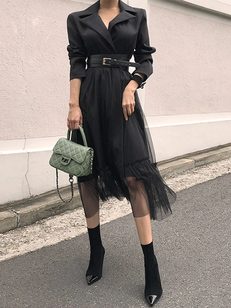 Fashion Korean Women Dress Chic Black Temperament Formal Vintage Casual Belt Slim Midi Party Club Prom Robe Femme Mujer Vestidos