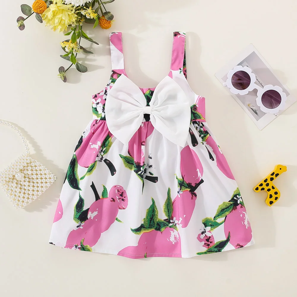 Summer girls dress children\'s sleeveless lemon print bow European and American style suspender dress