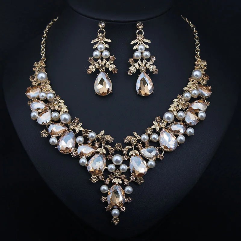 

Five-color crystal precious stone necklace and earrings set - bridal banquet women's accessories