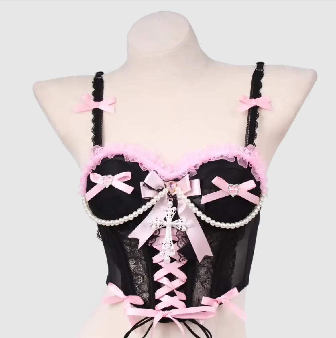 Fashion Revival Bow Punk Rock E-Girls Glitch Core Y2K Halter Camisole TOPS Goth Emo Cross Harajuku Street Wear Gothic Grunge