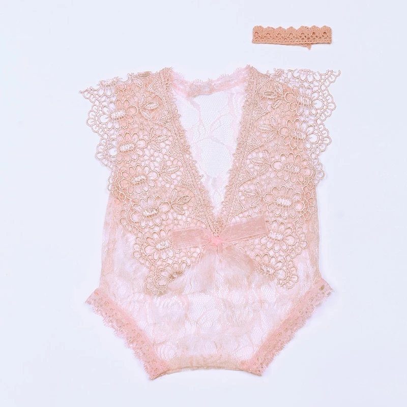 Newborn Photography Props Baby Headband Lace Hollow out Romper Bodysuits