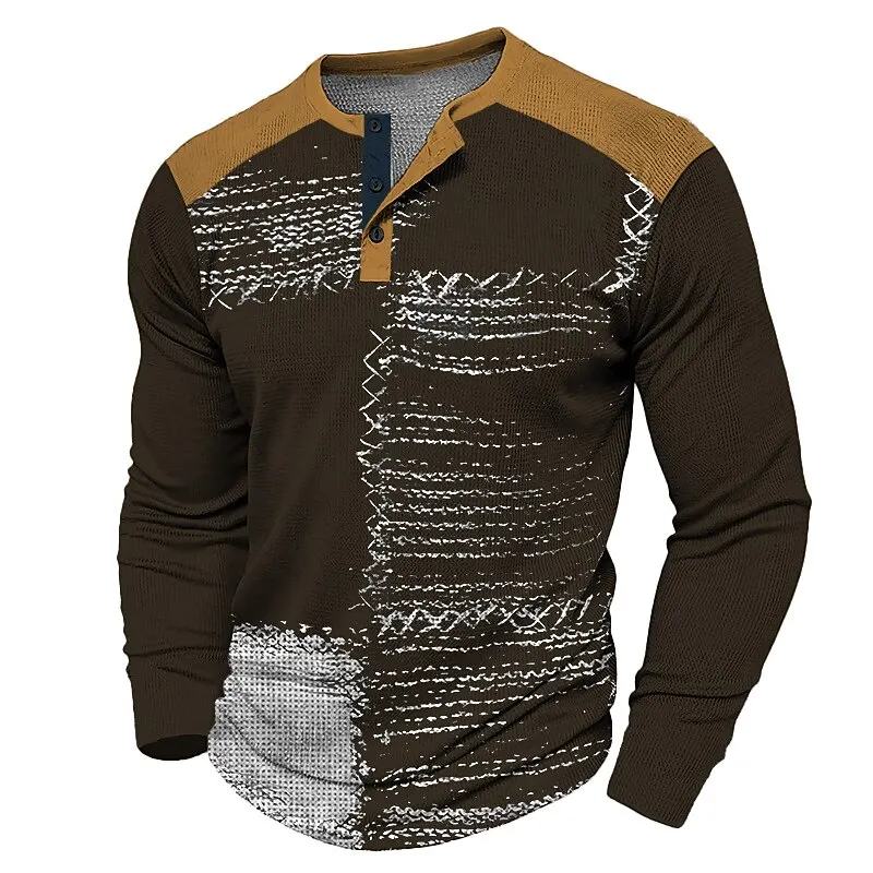 

Men's Simple Stripe Patchwork Henley T-Shirt 3D Print Vintage Color Long Sleeve Clothes Loose Casual Classic Design Pullover Top