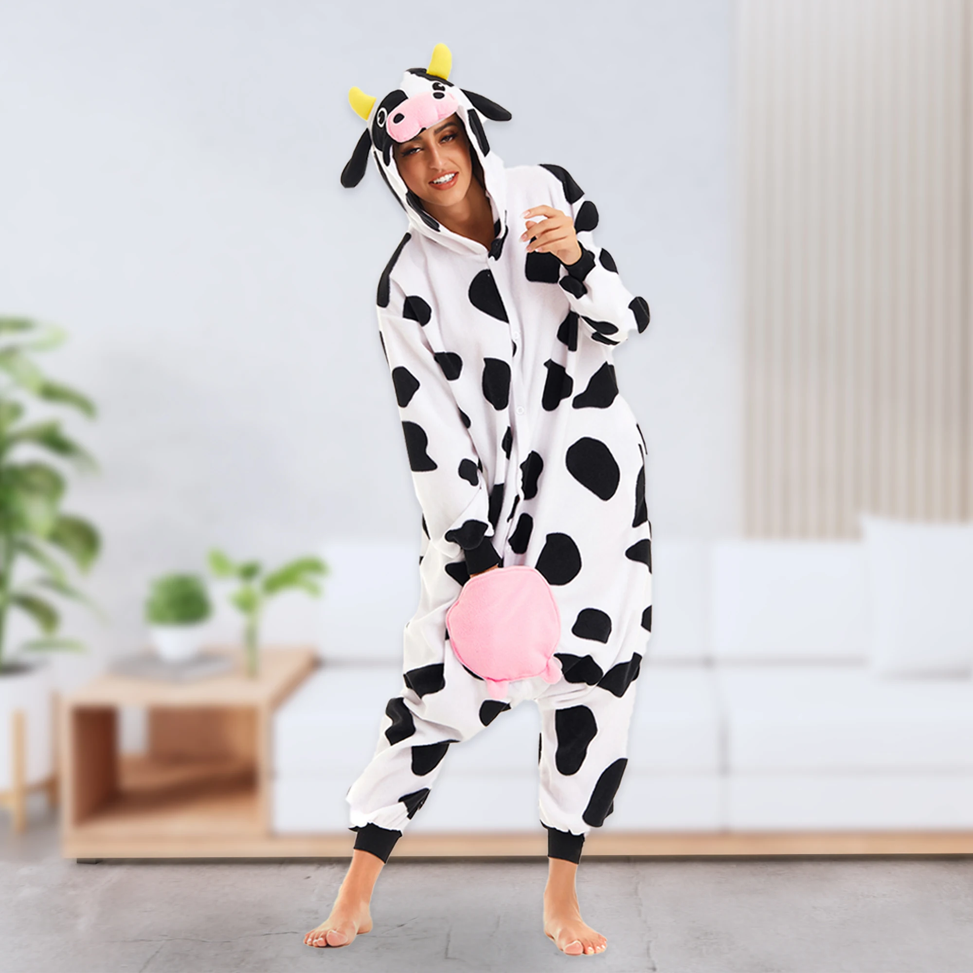 Cow Costume For Adult Women Hooded One-piece Pajamas Halloween Christmas Animal Cosplay Onesie Homewear Winter Soft Cute Pyjama