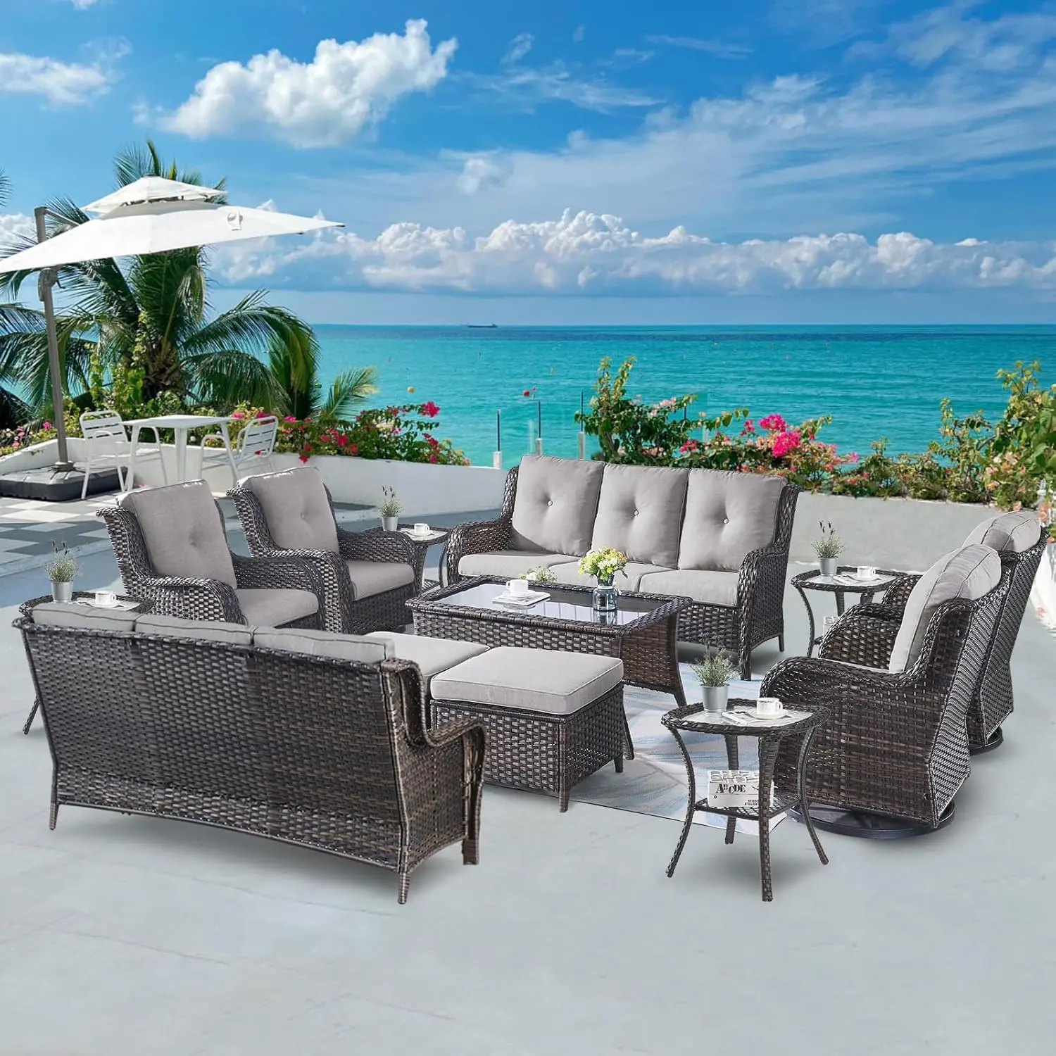 13 Piece Outdoor Rattan Furniture Sets w/ 4 Swivel Rocker Chairs, 2 Rattan Sofas, Wicker Ottomans & Coffee Table, Brown/Grey