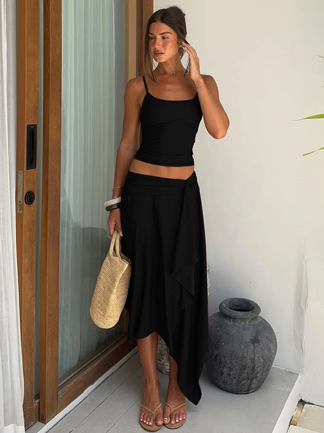 Hugcitar Fashion 2 Pcs Sest Solid Slips Sexy Slim Crop Camis Top Irregular Midi Skirt Women Clothes Beach Vacation Party Outfits - Image 5