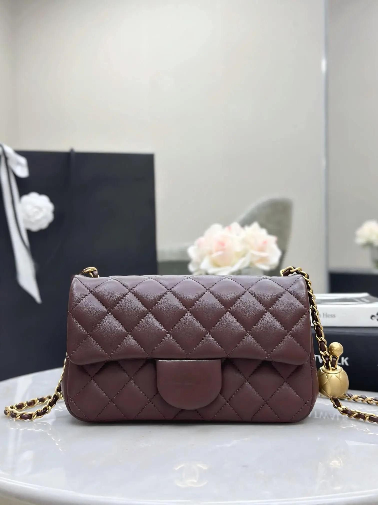

Dark Brown Quilted Leather with Gold Ball Adjuster, Elegant Luxury Shoulder Bag for Daily Wear & Special Occas