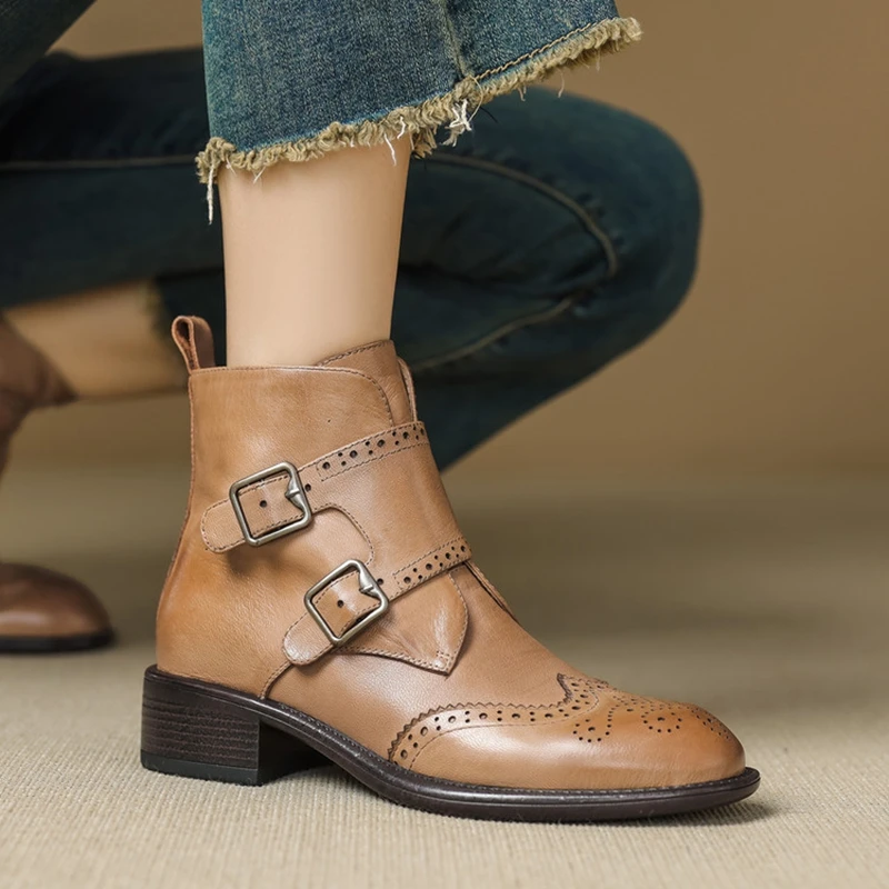 NEW AutumnWinter Women Boots Genuine Leather Shoes Women Round Toe Chunky Heel Shoes Casual Short Boots Belt Buckle Brogue Shoes