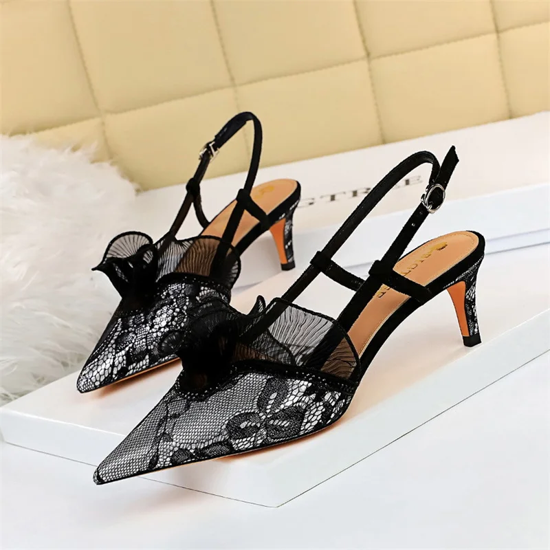 Summer New Fashion Mesh Pumps Sandals Pointed Toe Black Lace Hollow Ankle Strap High Heels Stiletto Dress Shoes Women