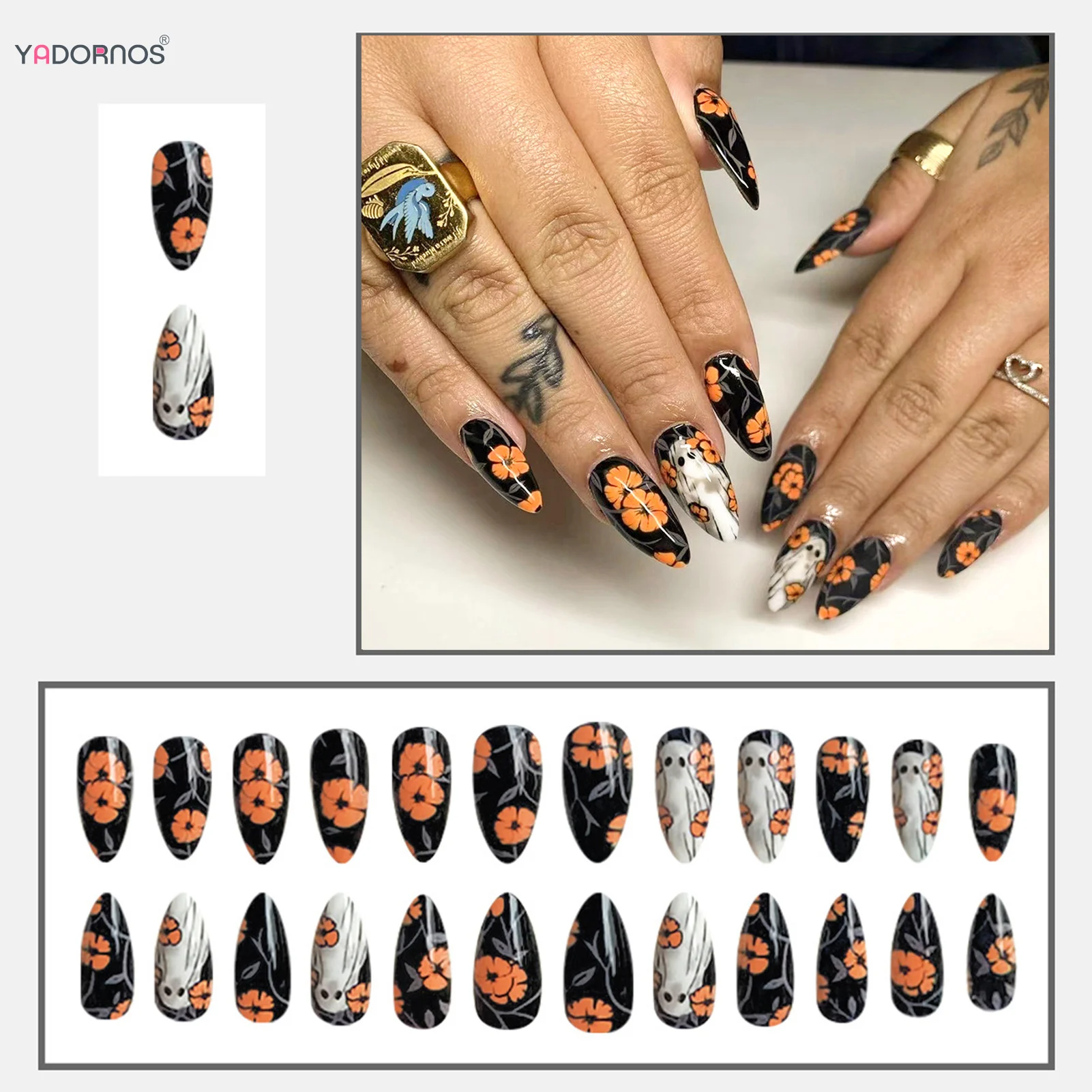 24pcs Dark Black Fake Nails Halloween Theme False Nail Patches Orange Flower Ghost Printed Press On Nails Detachable Manicure