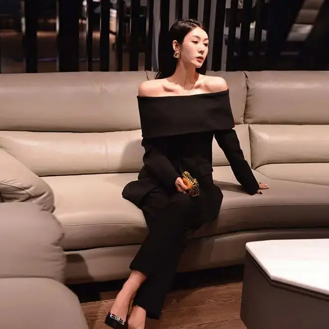 Blazers Off-The-Shoulder Slash Neck Chic Sexy For Women Off Long Sleeve Patchwork Single Button Solid Coat Female Clothes 2024