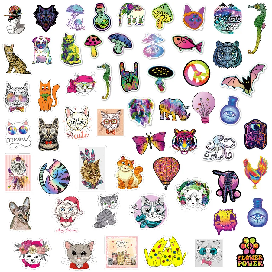 110 Pcs Psychedelic Mushroom Stickers Cartoon Cat Stickers Animal Shaped DIY For Laptops Helmets Bicycles Children's Gift Decal