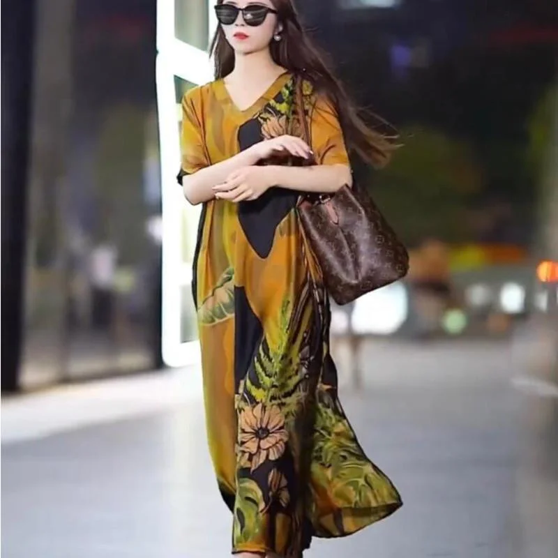 

Foreign Style Loose Thin Printed Dress Women's 2022 Summer New Loose All-match Sense Light Luxury Sag Sense Long Skirt Commuting