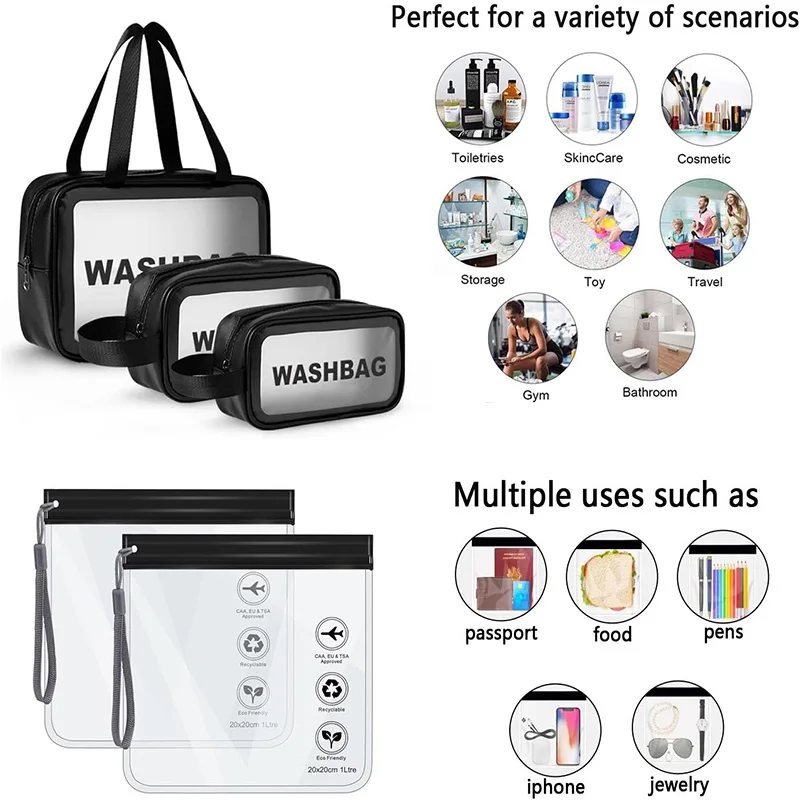 5Pcs Clear Toiletry Bag Waterproof PU Makeup Bag with Zipper Handle Portable Airport Cosmetic Bag Travel Accessories Wash Bag