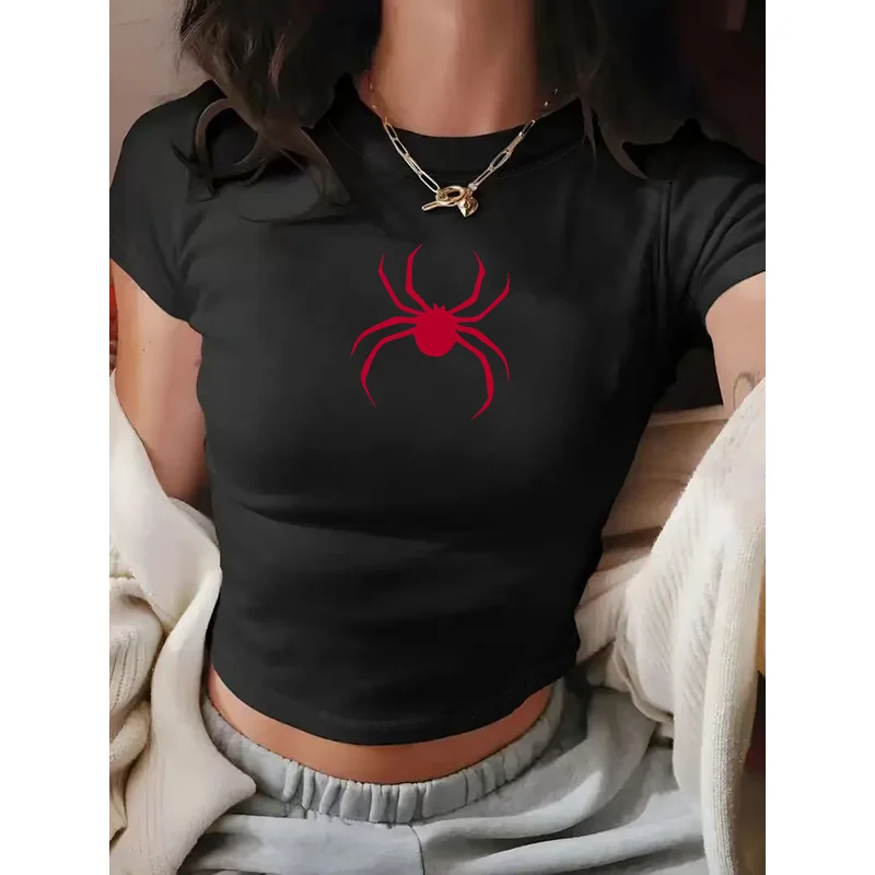 Red spider pattern women's fashion printed short tight-fitting topTShirt