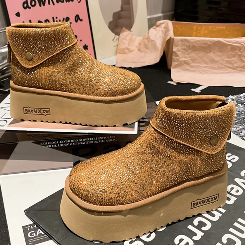 Women's Snow Boots Designwe Winter Boots Fashion Rhinestone Suede Ankle Boots for Women Plush Platform Non-slip Casual Shoes New view 2