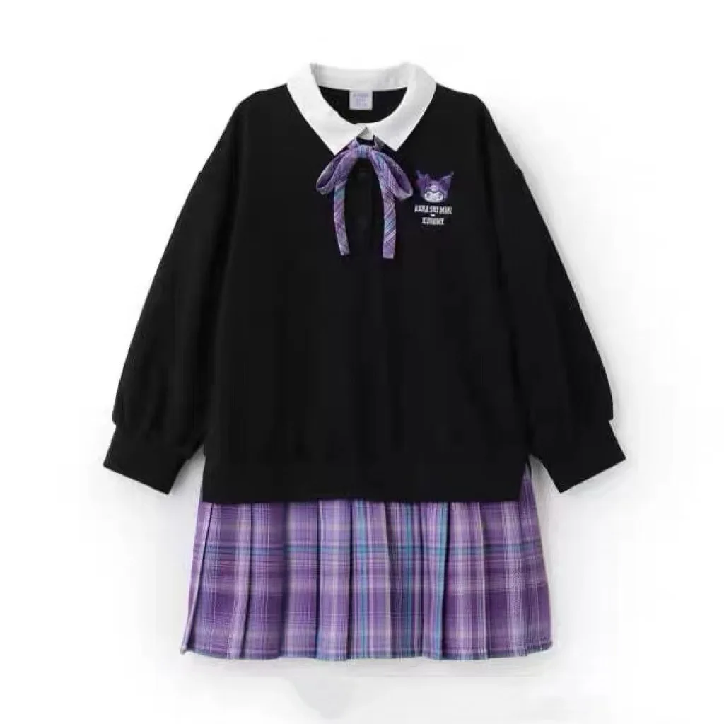 Sanrio Kuromi Long Sleeve Dress for Girls 2024 Autumn Winter Teen Kids Lapel Sweatshirt Patchwork Plaid Skirt Princess Dresses