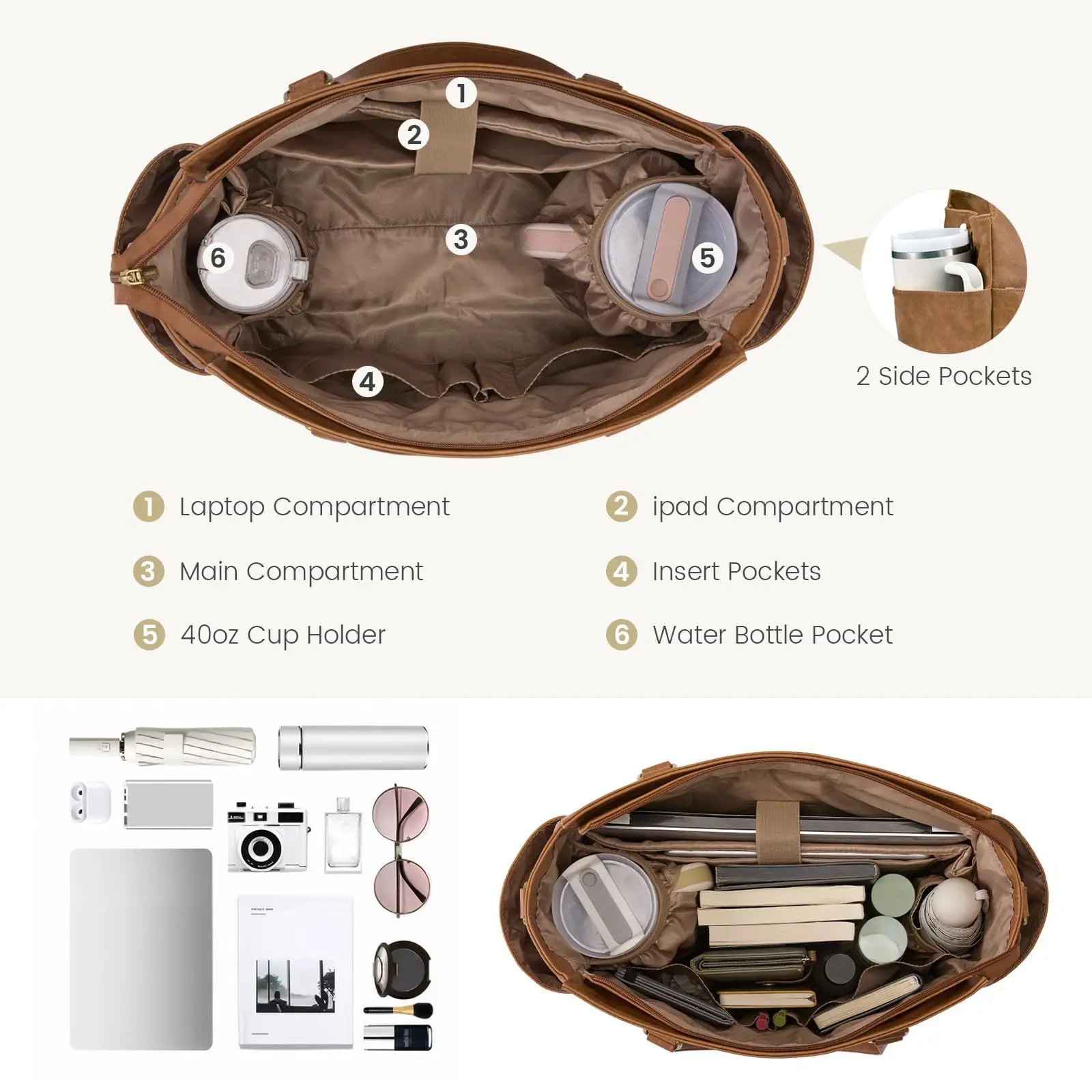 حقيبة كمبيوتر محمول للنساء مقاس 15.6 بوصة حقيبة عمل عتيقة مع حامل أكواب كبير، حقيبة مدرسية للكمبيوتر مقاومة للماء #2