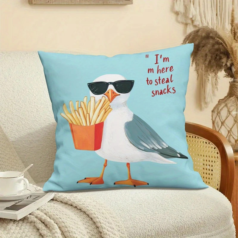 1pc Light Blue Funny Seagull with Sunglasses Pillow Cover, Polyester 2-Sided Print, Cute Cartoon Coastal Bird & French Fries, Ca