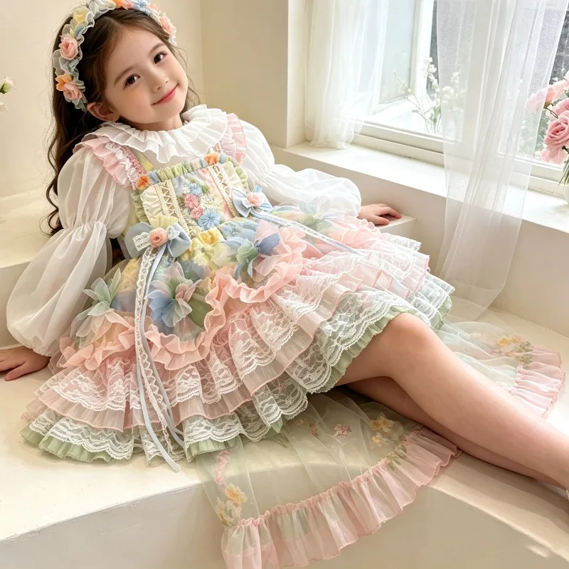Kinder-Lolita-Kleid mit Rüschenkragen, mehrschichtigem Spitzenrock, Blumen-Stirnband, Feenprinzessinnen-Outfit, Mädchen-Geburtstagskostüm – Detail 5