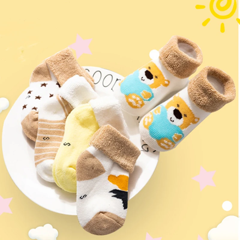 5Pairs/Set Cute Bear Baby Winter Socks Soft Warm Thick Plush Infant Floor Sock Cartoon Star Pattern Newborn Toddler Terry Socks