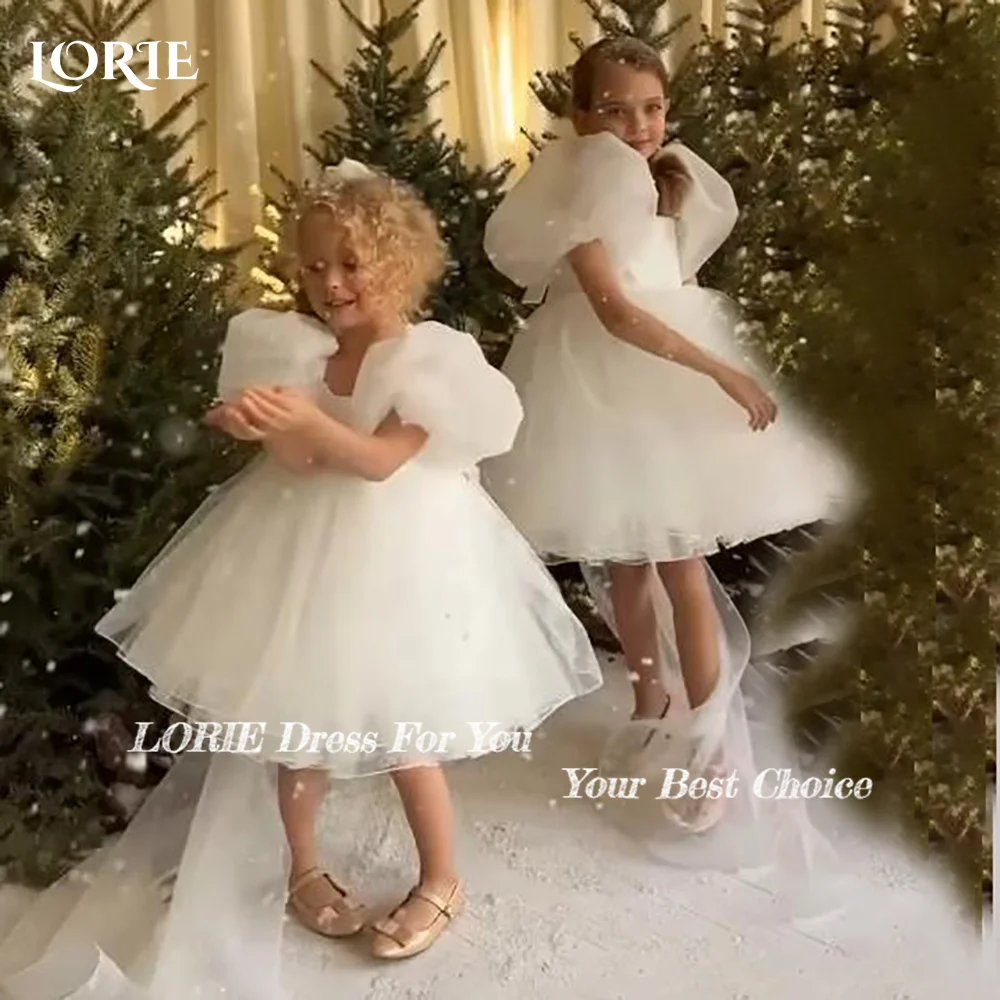 LORIE Girl Peony Lace Back A-Line Puff Sleeeve Straight Tutu Tulle Party Flower Girl Dress Csustomized Flowers Girls Dress