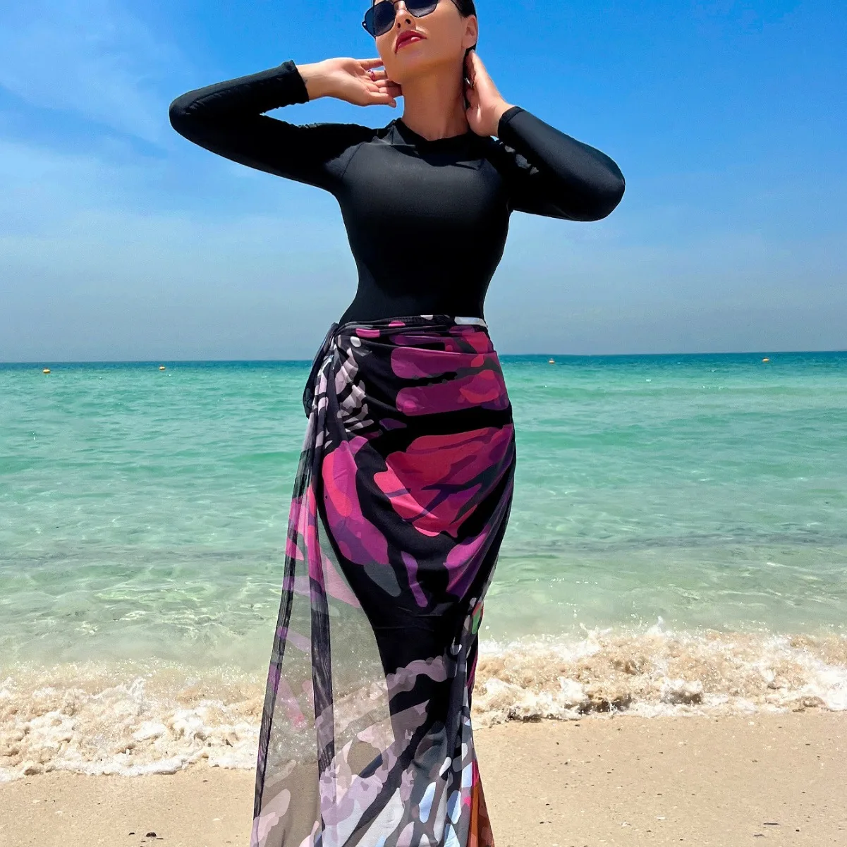 New Burkini femmes Muslim beach swimwear long sleeve long belt gauze swimsuits Middle East conservative long print women swim