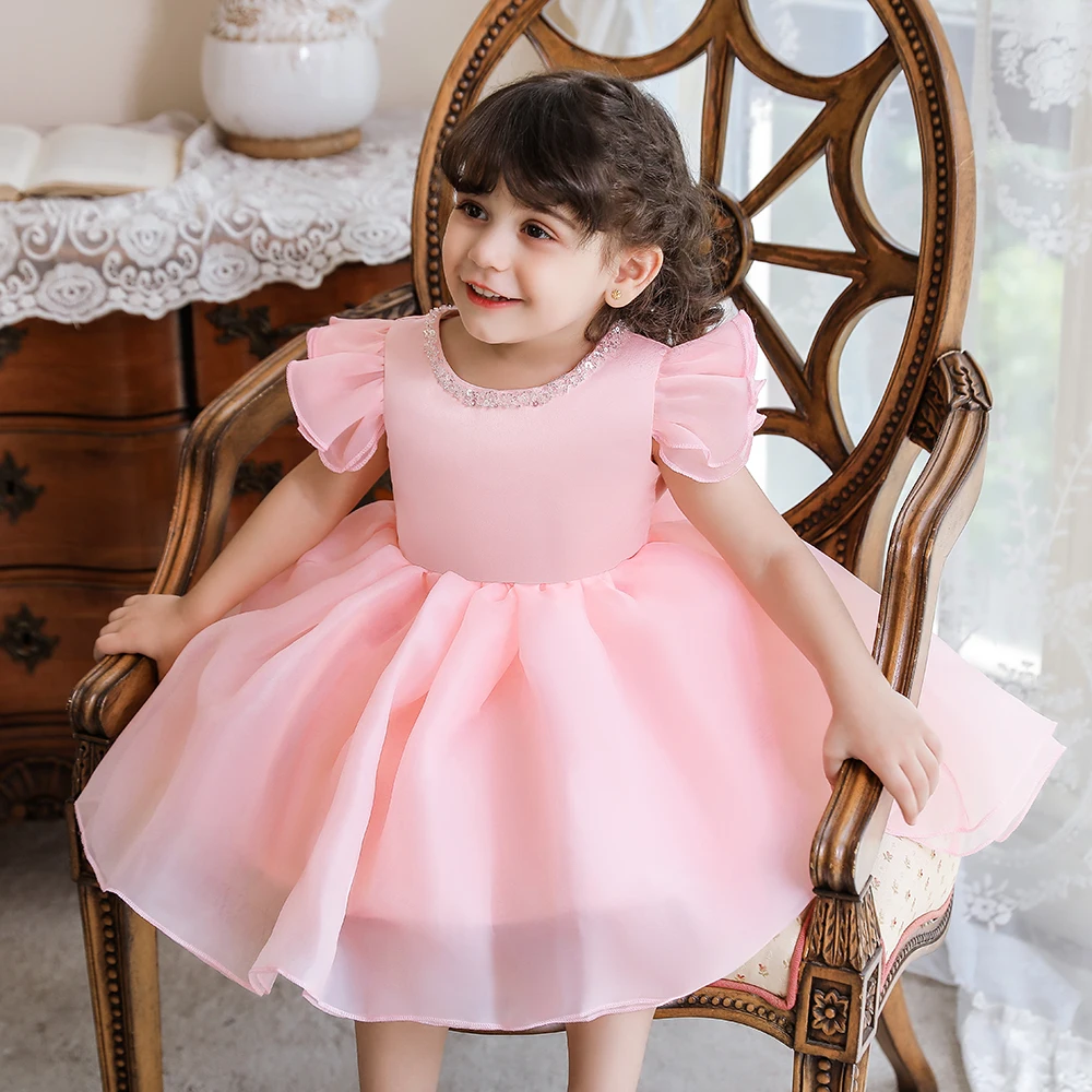 Baby Girl Pink White Dress Baptism Gown First 2 1 Year Birthday Dress Bow Princess Dress Party Dresses Girls Clothes Vestidos