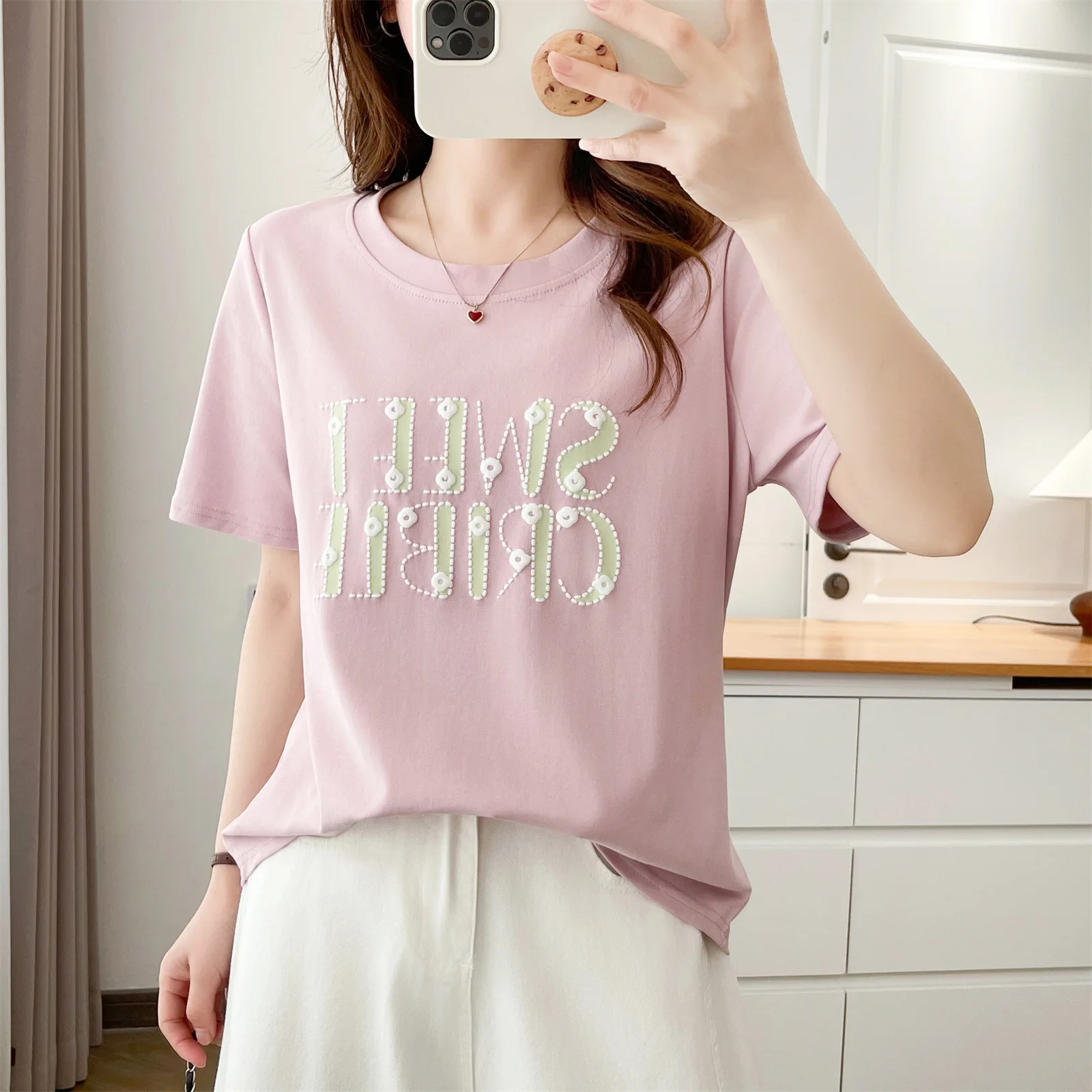 

2026 Summer Plus Size Curvy Women Foam Letter Printed Regular Shoulder Short Sleeve Slim Fashion Casual T-Shirt Tops