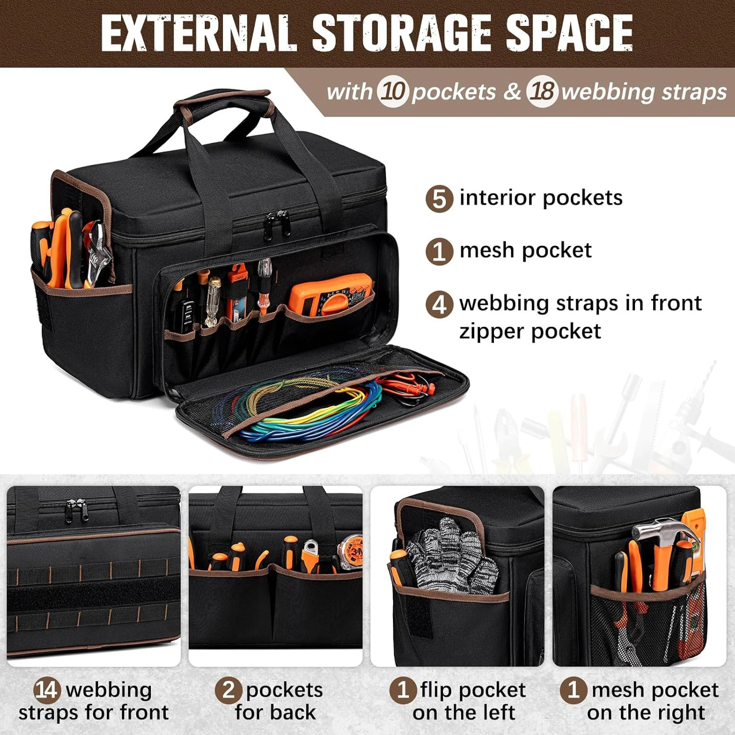 DGEV Tool Tote, Tool Bag Organizer, Electrician Tool Bag, Tool Bag, Tool Caddy, Tool Bags for Electricians