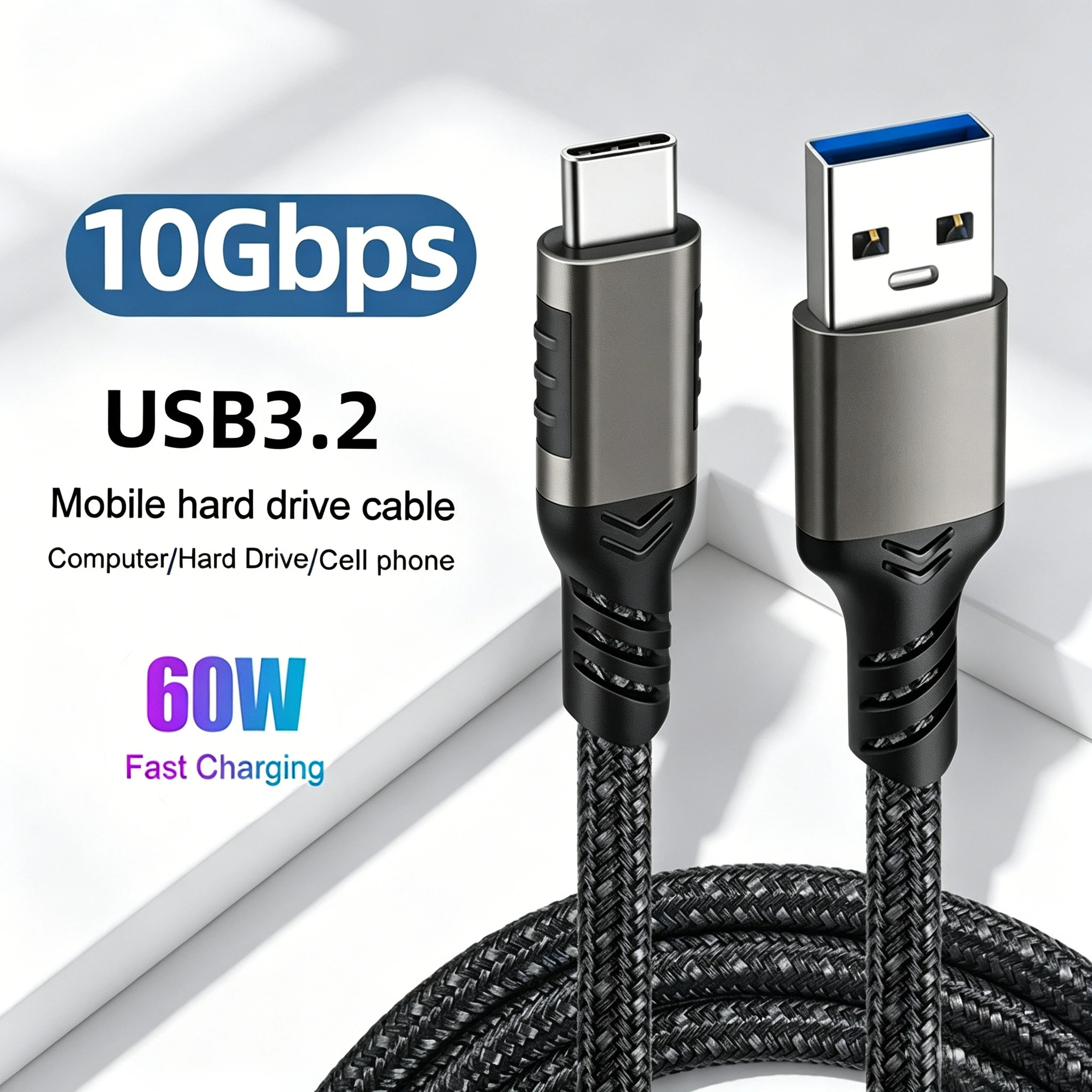 Cabo USB 3.2 de 10Gbps Tipo A para C para Transmissão de Dados para Samsung NVME SSD, Carregamento Rápido 3A QC 3.0, Trançado para Android