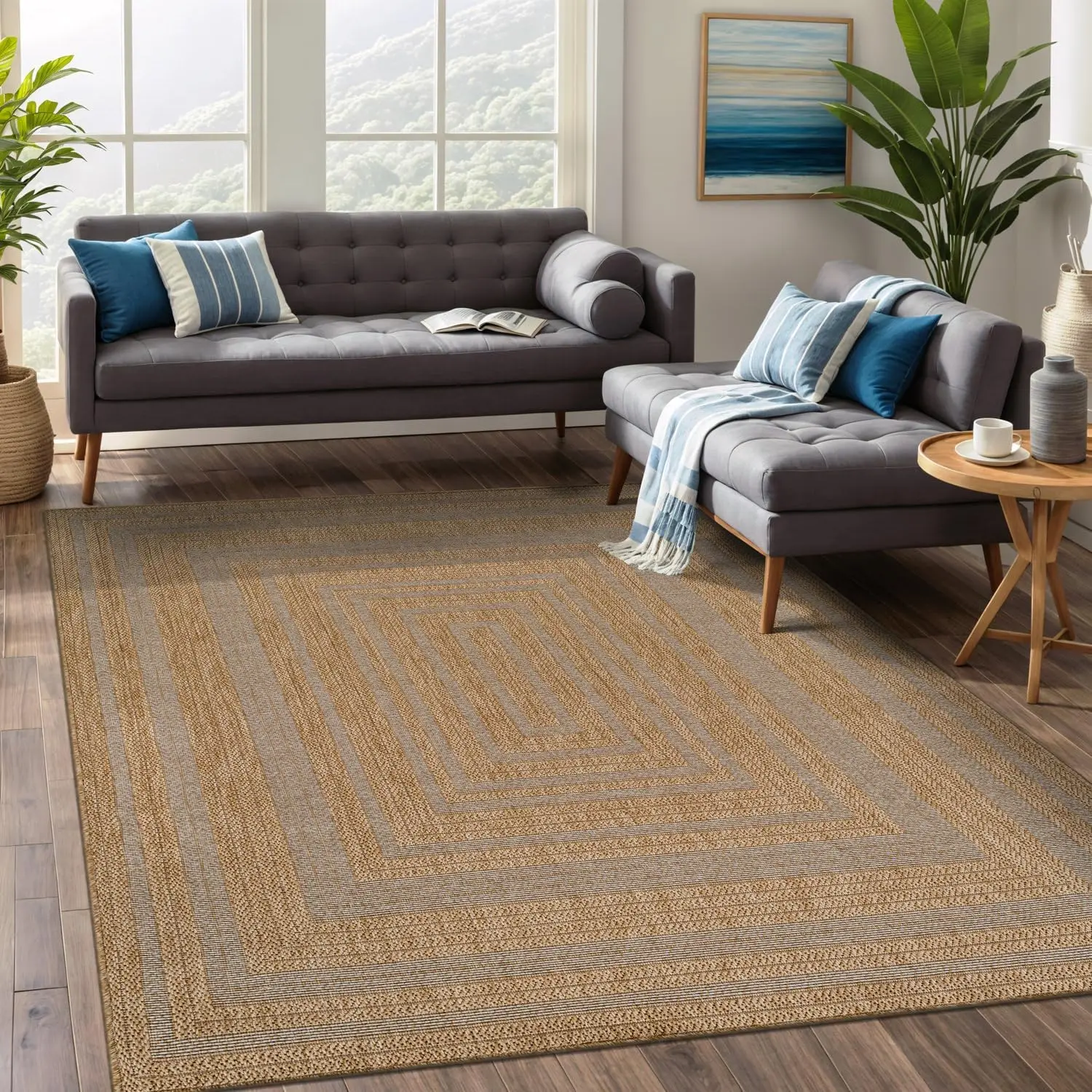 

Easy Jute Framed Border Rug 8x10 Washable Durable Indoor Outdoor Area Rugs for Living Dining Room Patio Office Stain Resistan