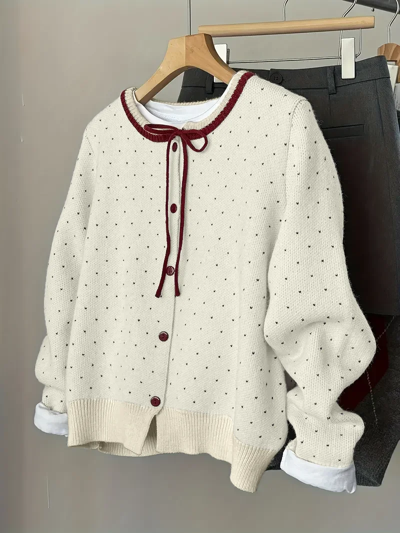 Plus Size Women Casual Crew Neck Cardigan Knit Long Sleeve Top, Autumn Winter Daily Wear