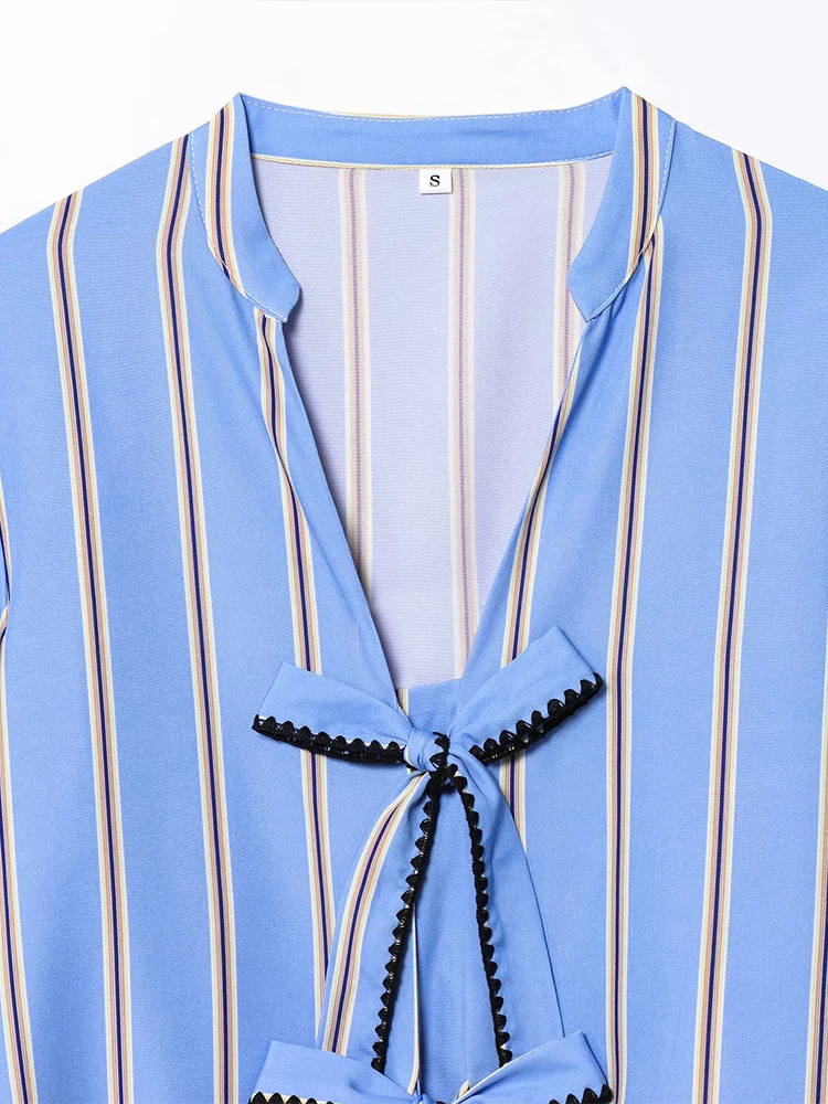 European style new women's fashion versatile temperament bow-decorated striped poplin long-sleeved shirt