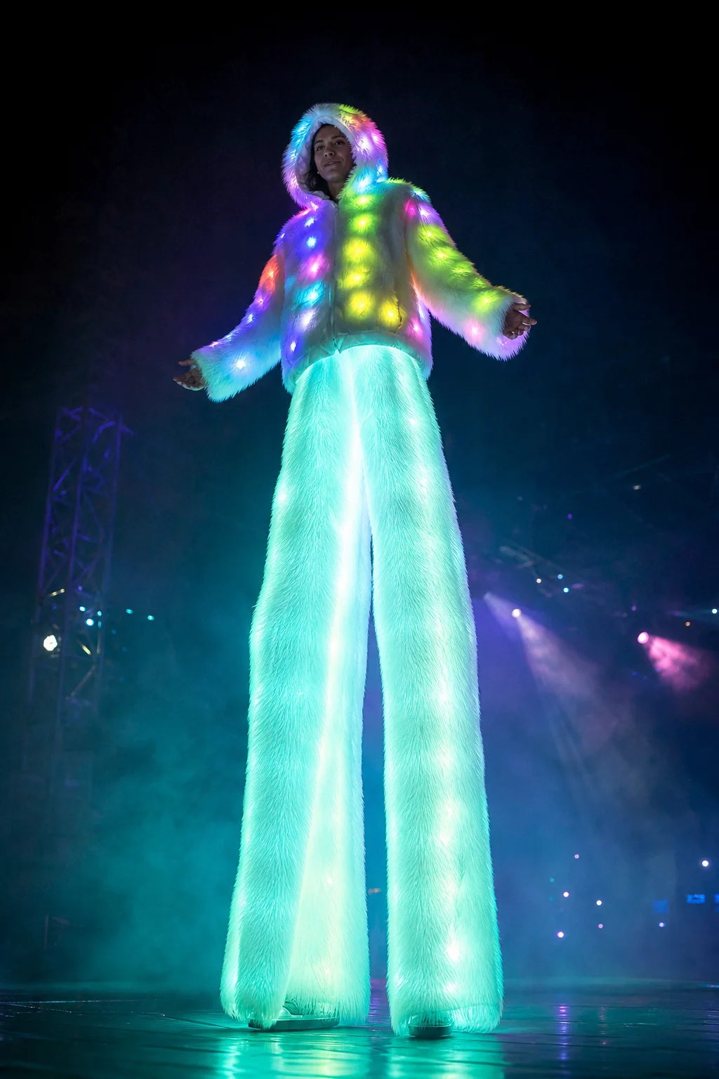LED Light-Up Stilts Plush Pants Colorful Set — Multi-Color Effects for Themed Parties & Eye-Catching Attire