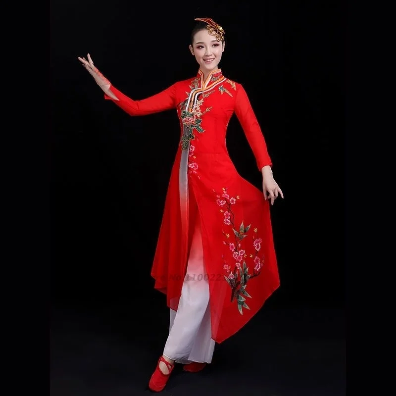 2026 chinesisches Volkstanzkleid, traditionelles Bühnentanzkostüm, Blumenstickerei, Qipao-Tops + Hosen, Set, chinesisches Kleid, Tanzoutfit