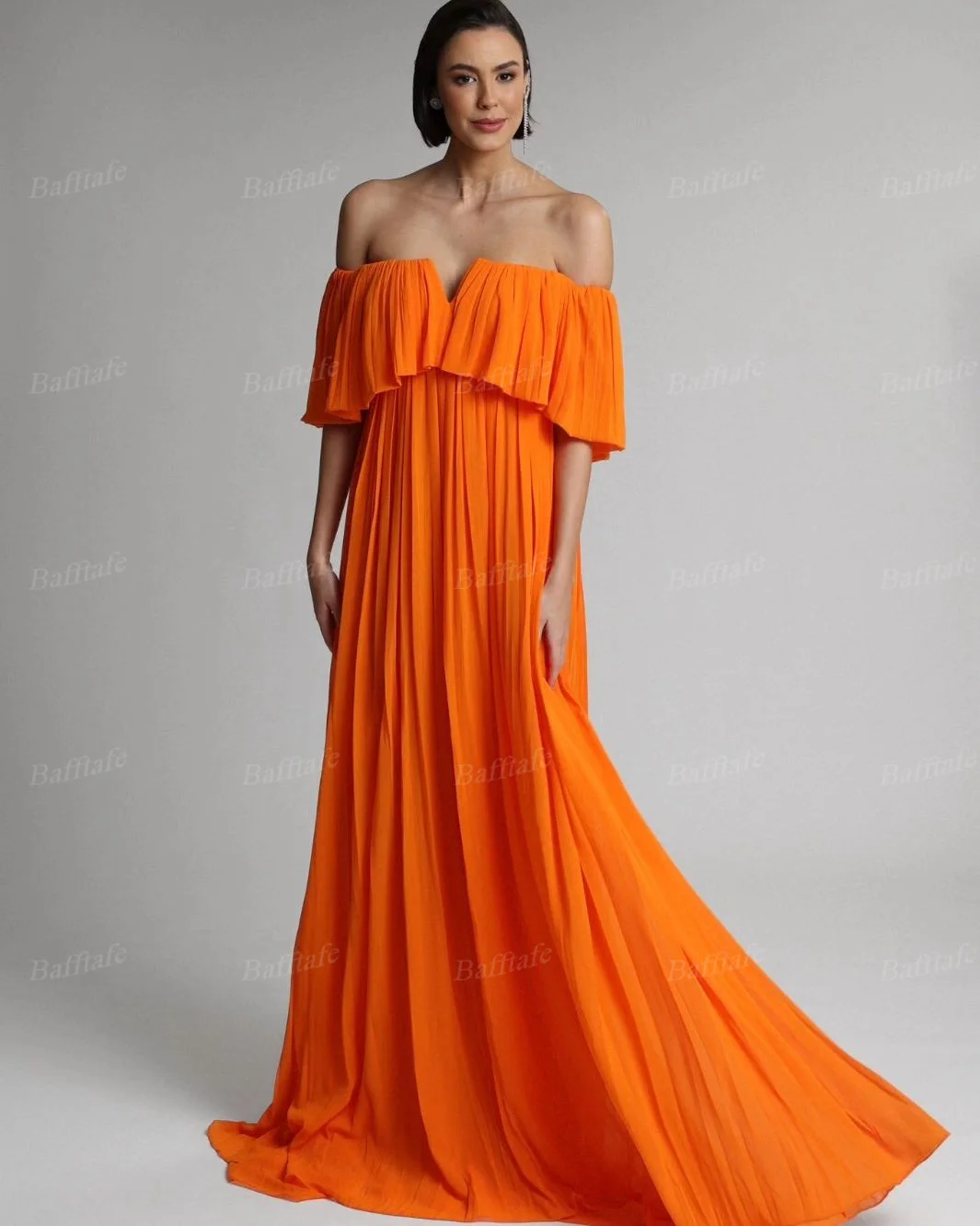 Bafftafe Orange Chiffon Long Prom Dresses Customized Arabic Off The Shoulder Formal Evening Dress Women Party Bridesmaid Gowns