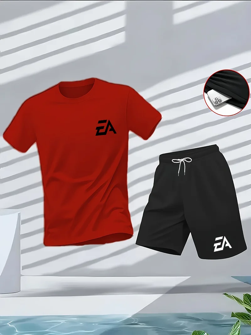 Men's summer sports suit round neck short sleeved T-shirt five quarter shorts slim fit fashion two-piece set men's clothing