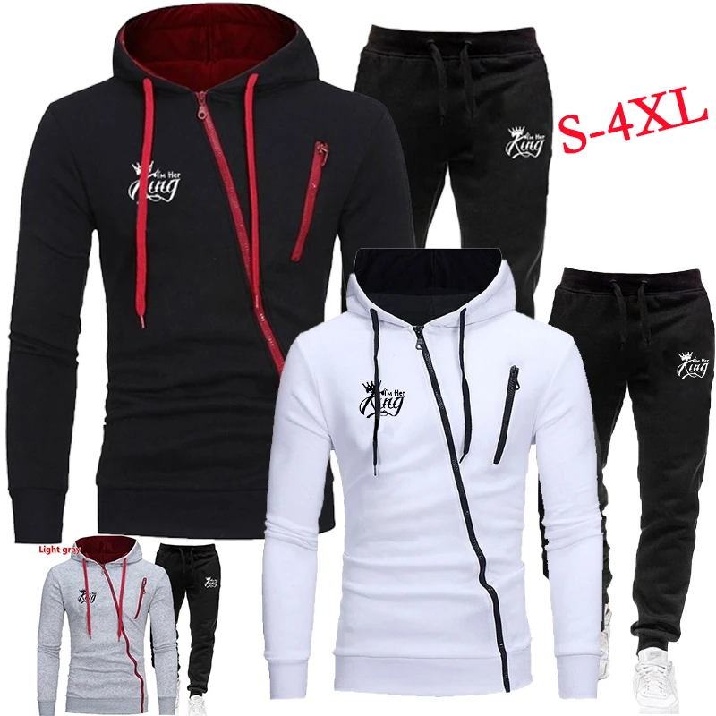Men's Personalized Fun Diagonal Zipper Hoodie Set Printed Sportswear Set men Jacket + Jogging Pants 2-piece Sportswear