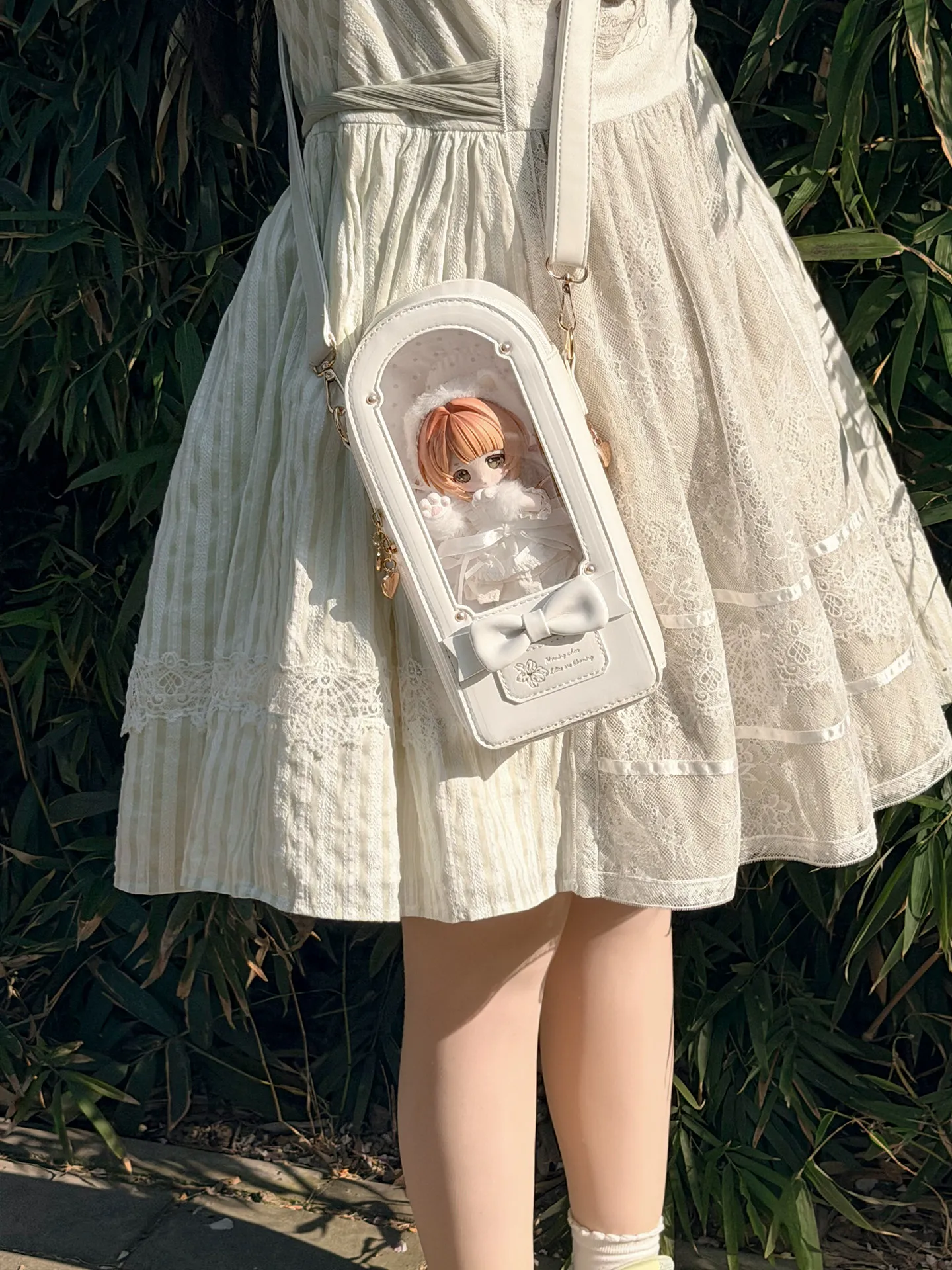 Kawaii Outdoor Doll Bag Clear Window Bow Single Shoulder Crossbody Bags Sweet and Cute Travel Display Carrier Handbag