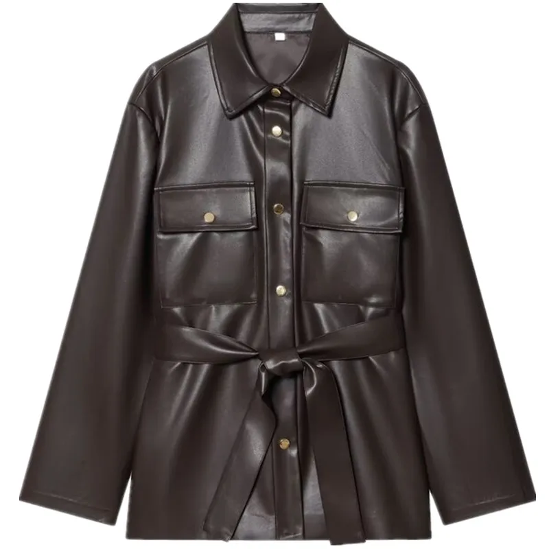 شتاء جديد المرأة طويلة Sve طوق Jaet مع حزام جلدية وهمية ملابس خارجية تخفيف Sle الخريف معطف السيدات #5