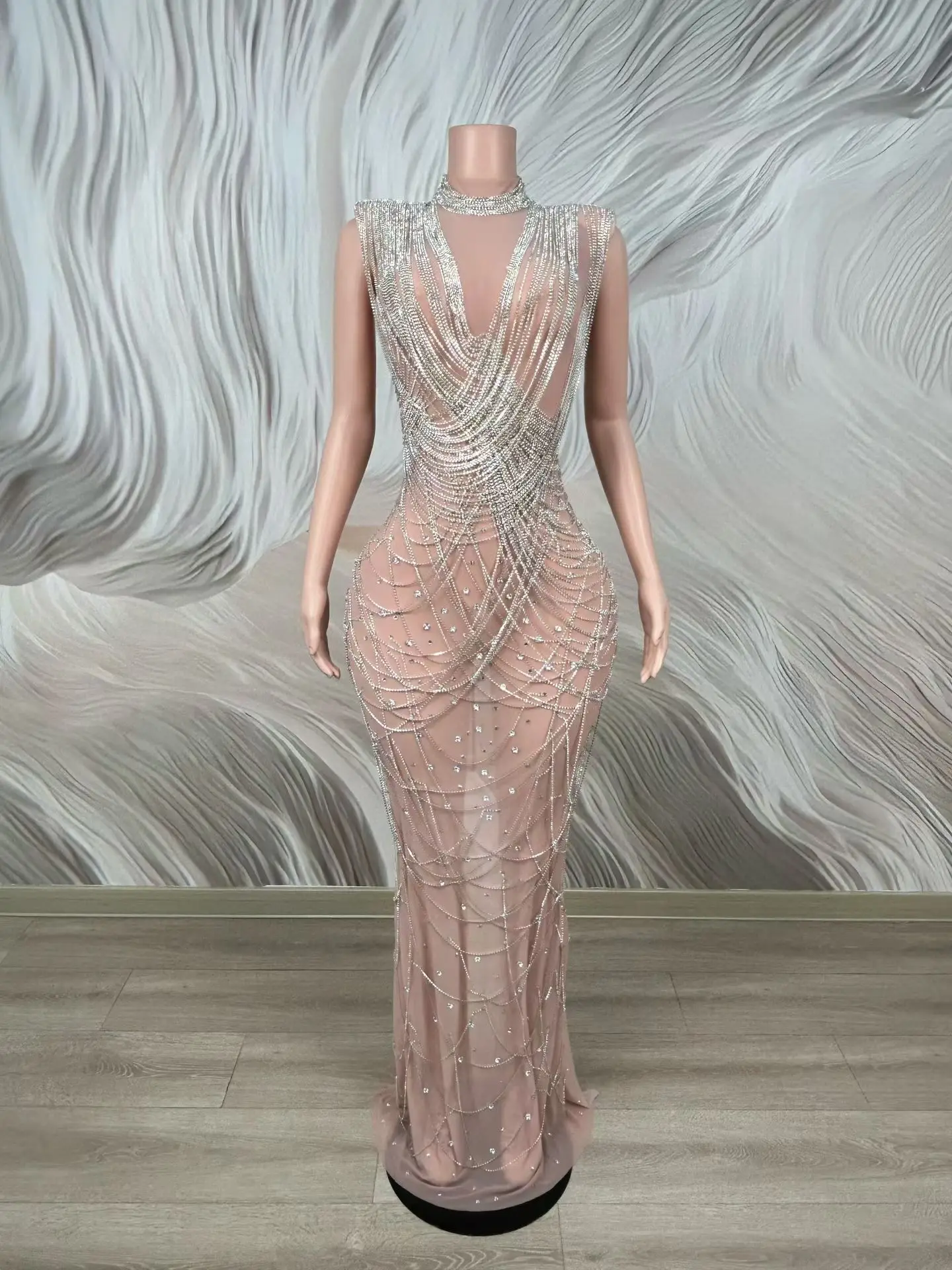 Mituan Fashion Women Silver Chain Dress Sexy See Through Mesh Long Skirt Luxury Evening Dress Bespoke Occasion Dress Prom Gowns
