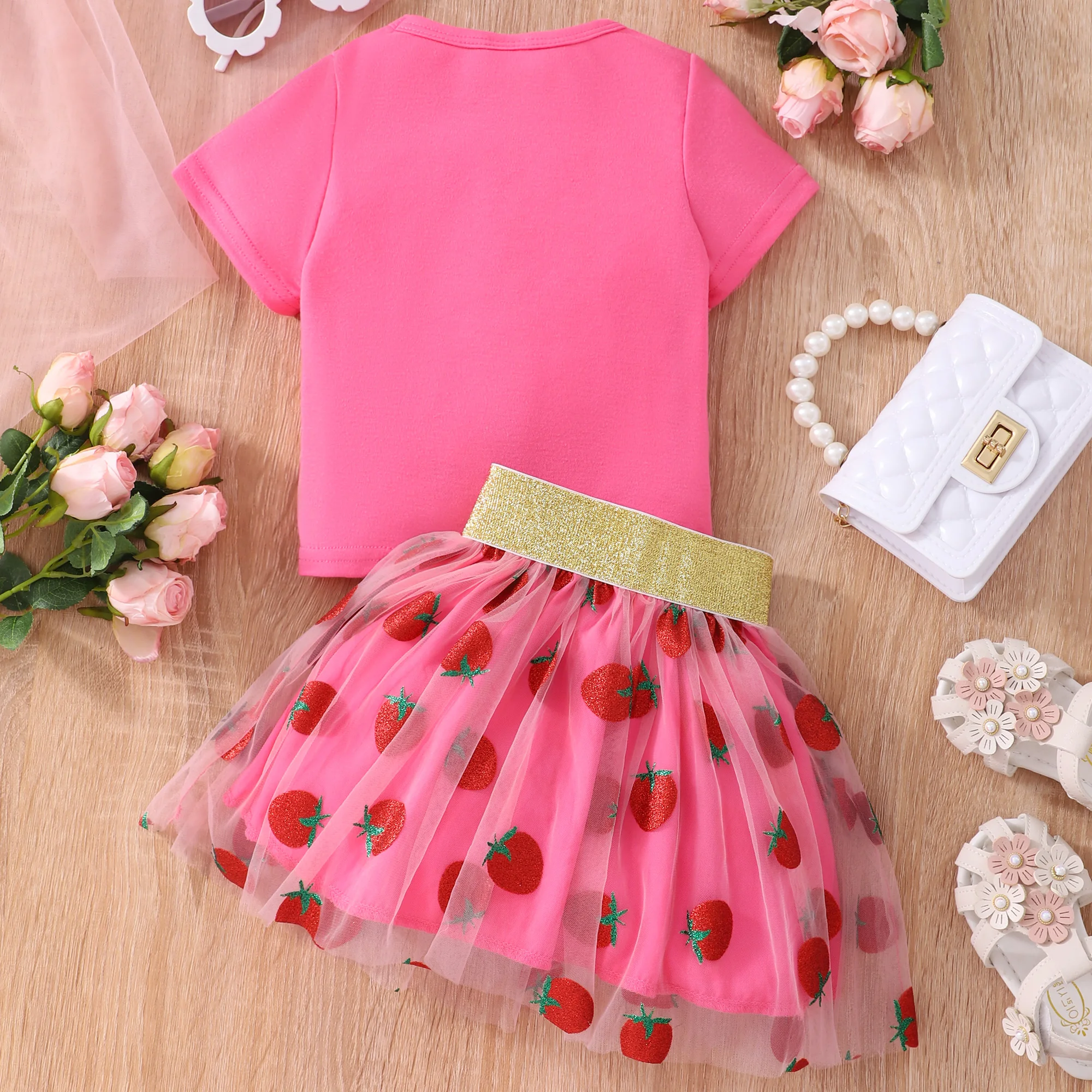 2pcs Toddler Girls Strawberry Graphic T-Shirts Top & Glitter Tape Mesh Skirt Set Kids Summer Clothes