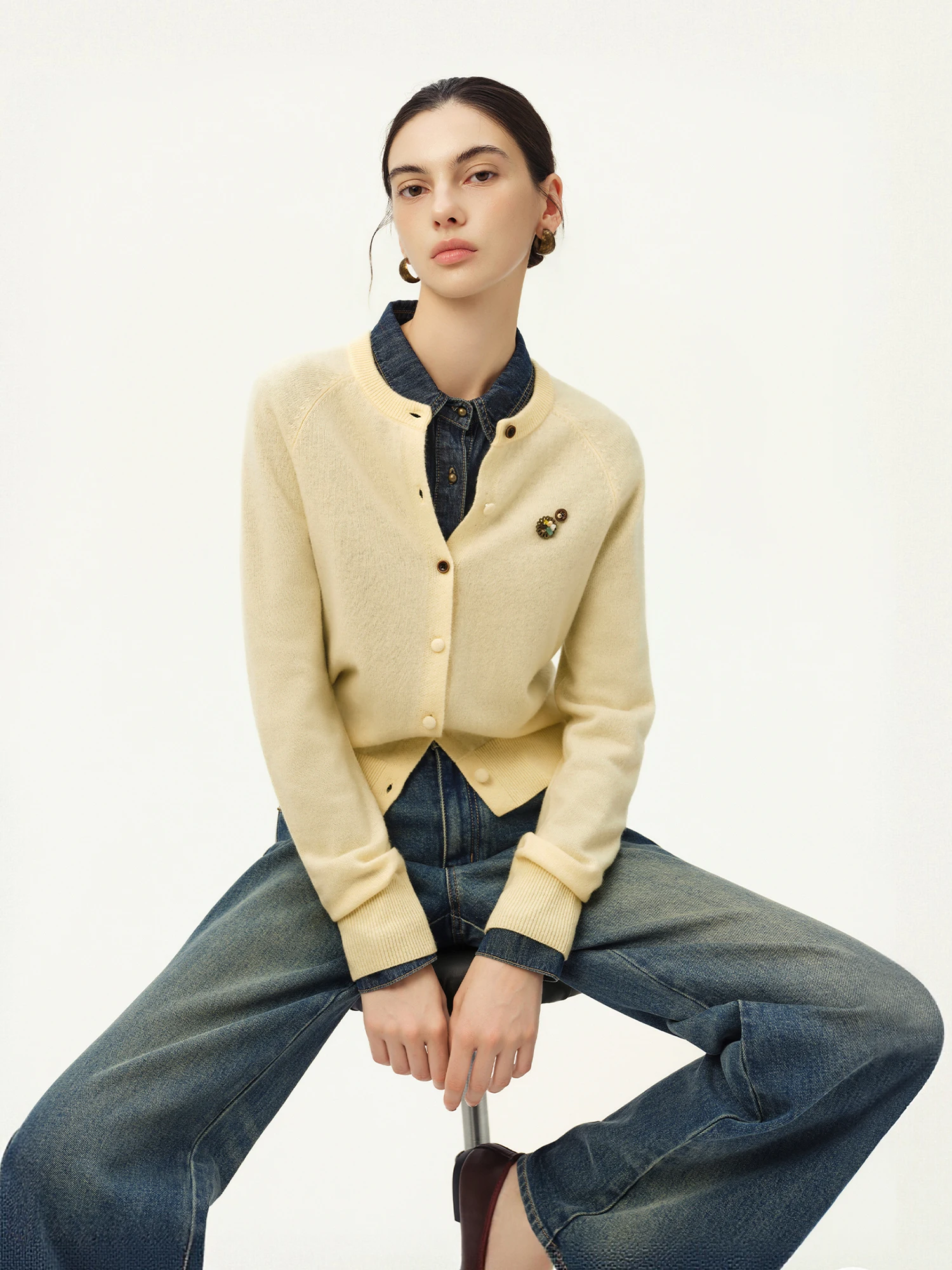 ZIQIAO Red Crew Neck Wool Knit Cardigan Button Front Long Sleeve Warm Soft Sweater Elegant Office Casual Commute Layer Knitwear