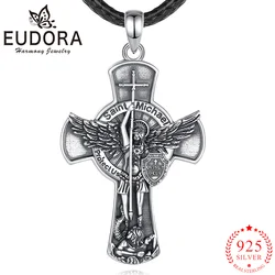 Eudora 925 Sterling Silver St. Michael Archangel Necklace Cross Shield Christian Pendant Amulet Men Vintage Personality Jewelry