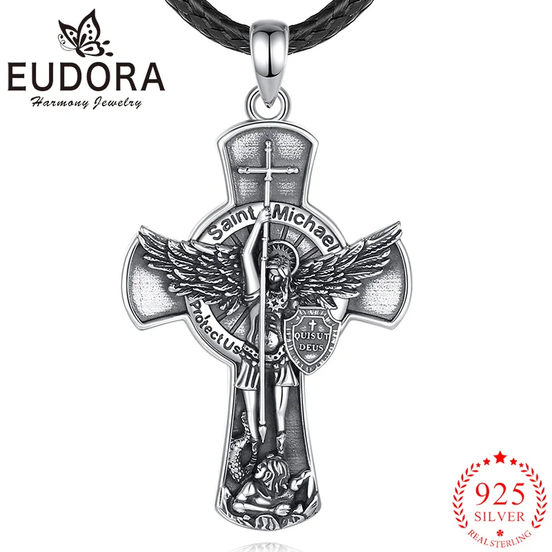 Eudora 925 Sterling Silver St. Michael Archangel Necklace Cross Shield Christian Pendant Amulet Men Vintage Personality Jewelry