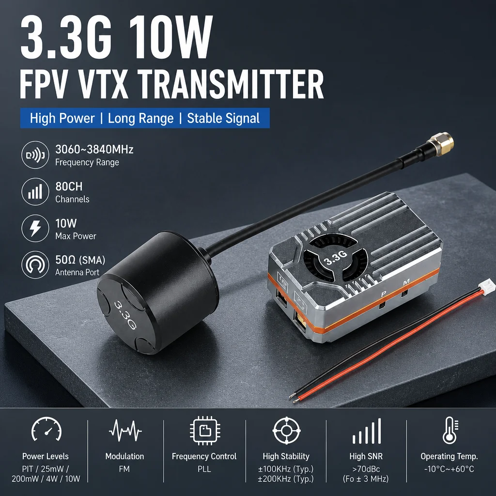 3060-3840MHz Wide Band FPV VTX Transmitter 10W Multi Power Adjustable Low Latency Drone Video Transmission Module