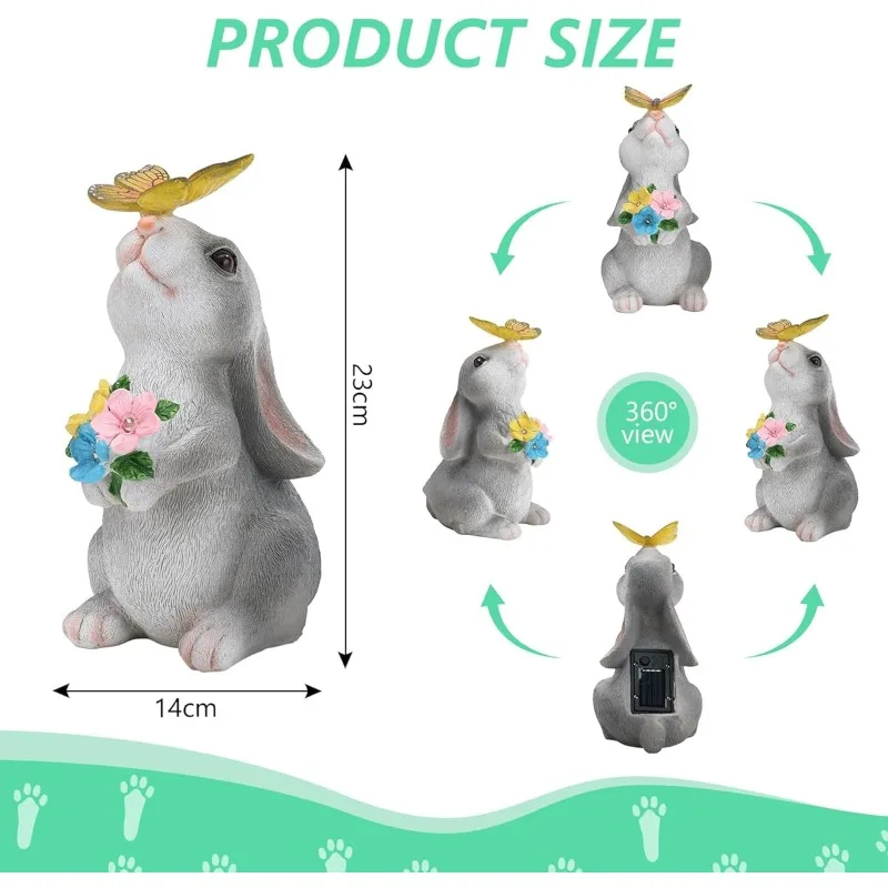 Figura de conejo de resina con energía solar y luz LED cálida, ecológica, impermeable, resistente a la intemperie, estatua de animal con iluminación nocturna automática, adorno para jardín, césped, patio, terraza, decoración de paisaje al aire libre, regalo