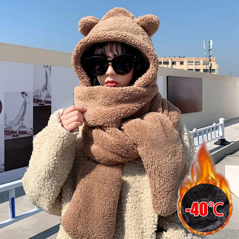  Cute Bear Ear Winter Hat Scarf Gloves Set Women Plush Hooded Thick Warm Windproof 3 in 1 Outdoor Cold Weather Accessory